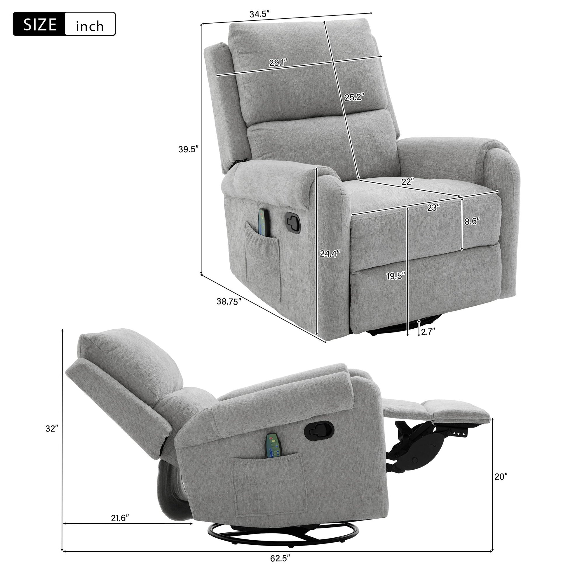 Manual Recliner Massage Chair with Swivel Rocker HouseOfZazla, grey fabric, 8 massage modes on Tampa Home & Garden Store