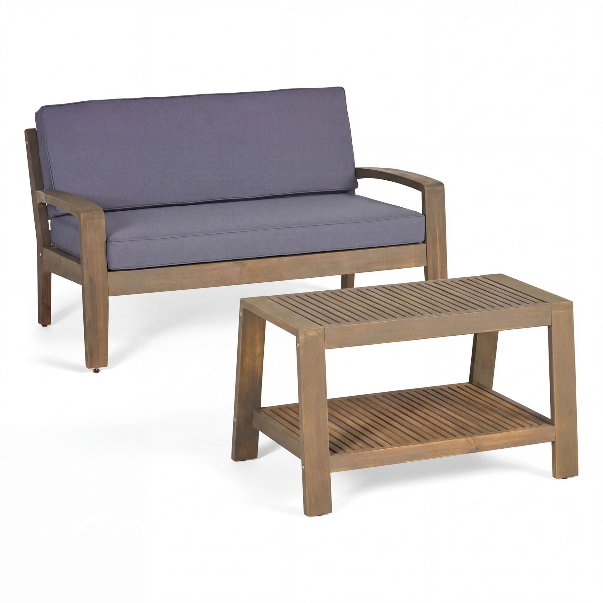 Outdoor loveseat & coffee table set with waterproof cushions slate blue wooden frame on Tampa Home & Garden Store