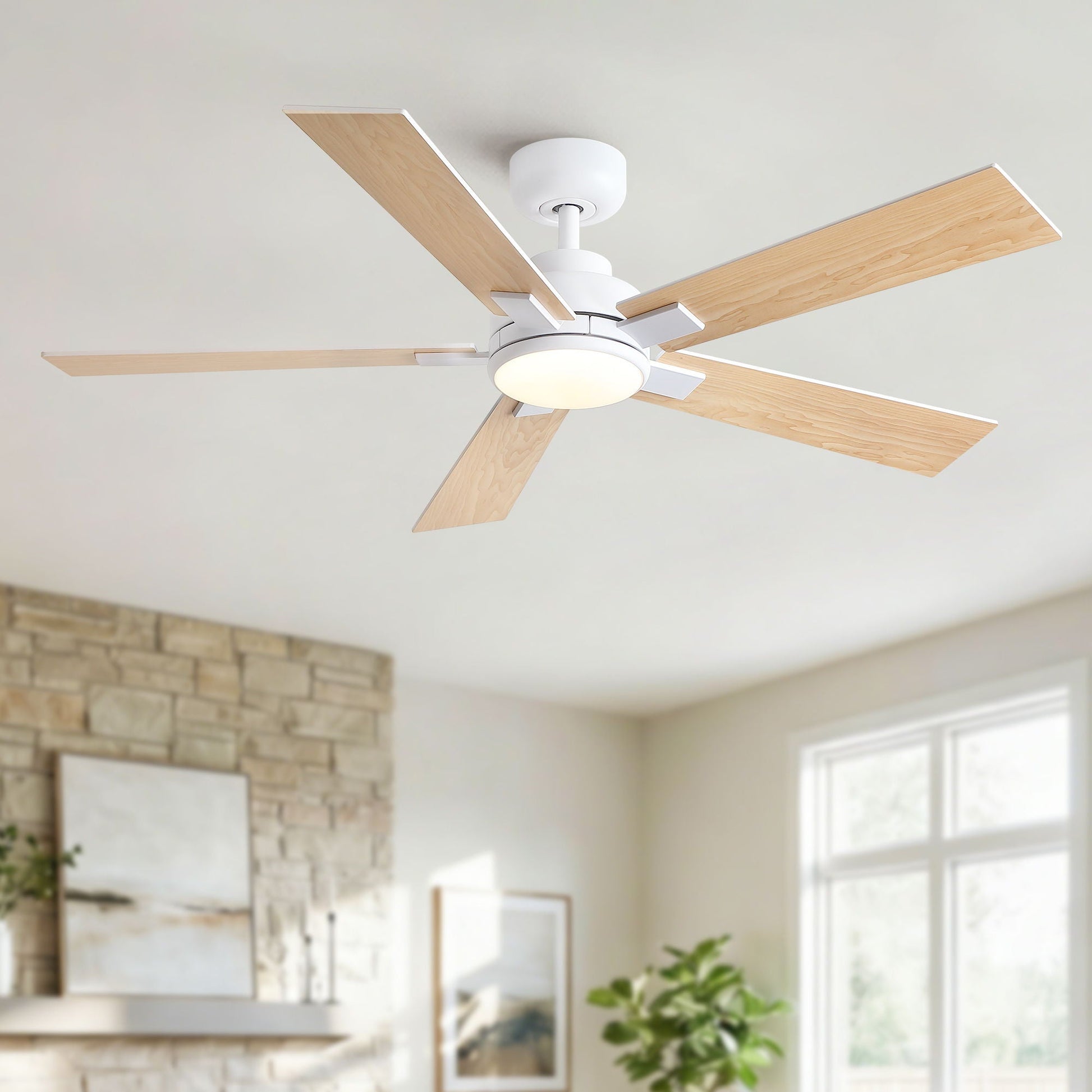 Ceiling fan with LED light by HouseOfZazla, white housing, wood blades on Tampa Home & Garden Store