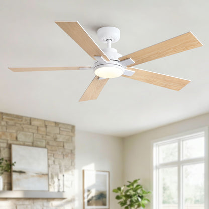 Ceiling fan with LED light by HouseOfZazla, white housing, wood blades on Tampa Home & Garden Store