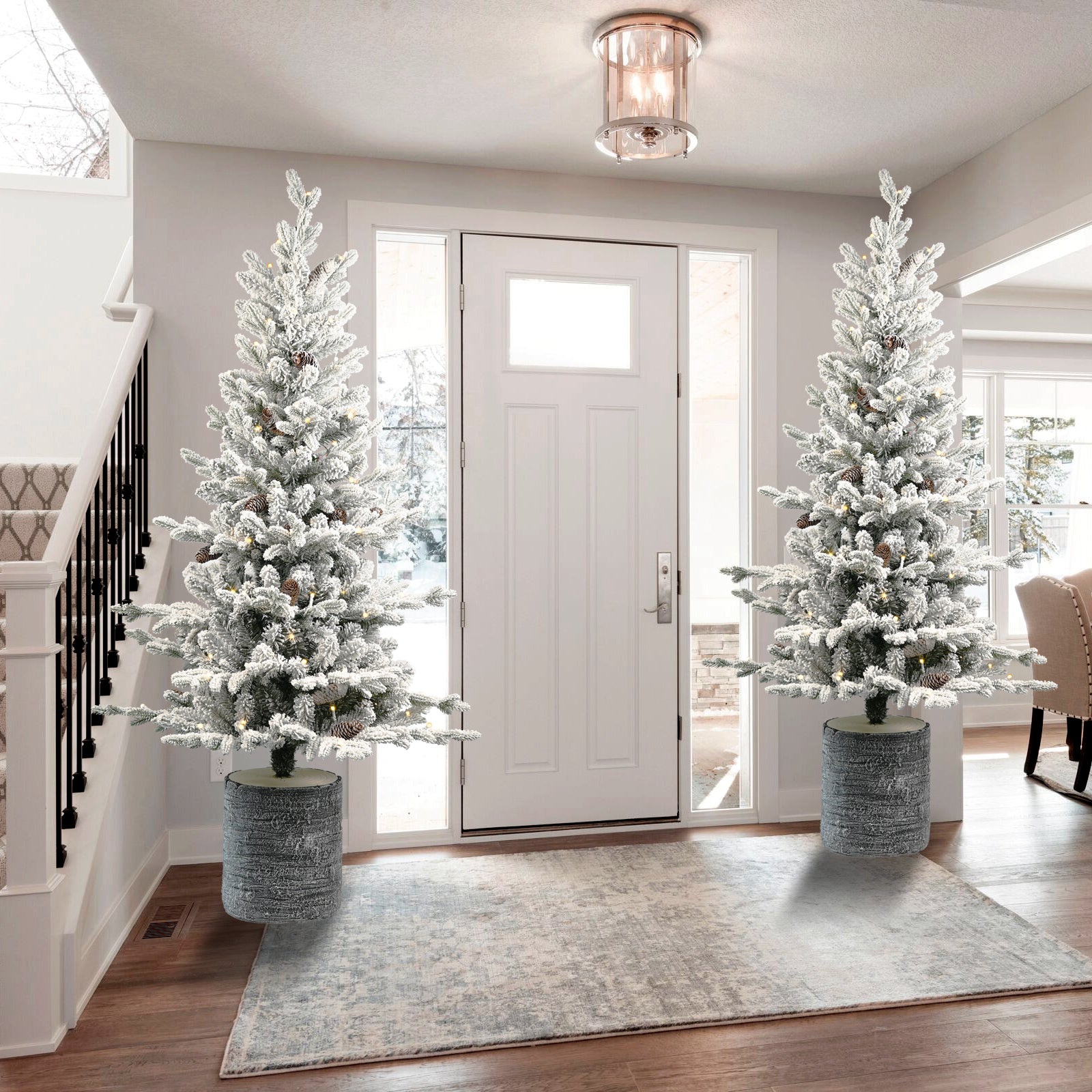 2FT Flocked Christmas Tree with Pot Base pair, snow-covered branches in gray textured pots on Tampa Home & Garden Store