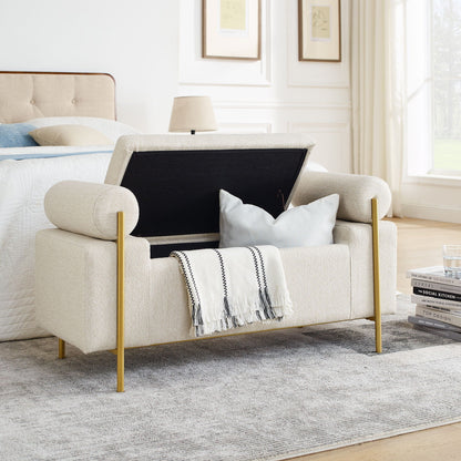 Elegant upholstered storage bench with cylindrical arms and gold iron legs in beige fabric on Tampa Home & Garden Store