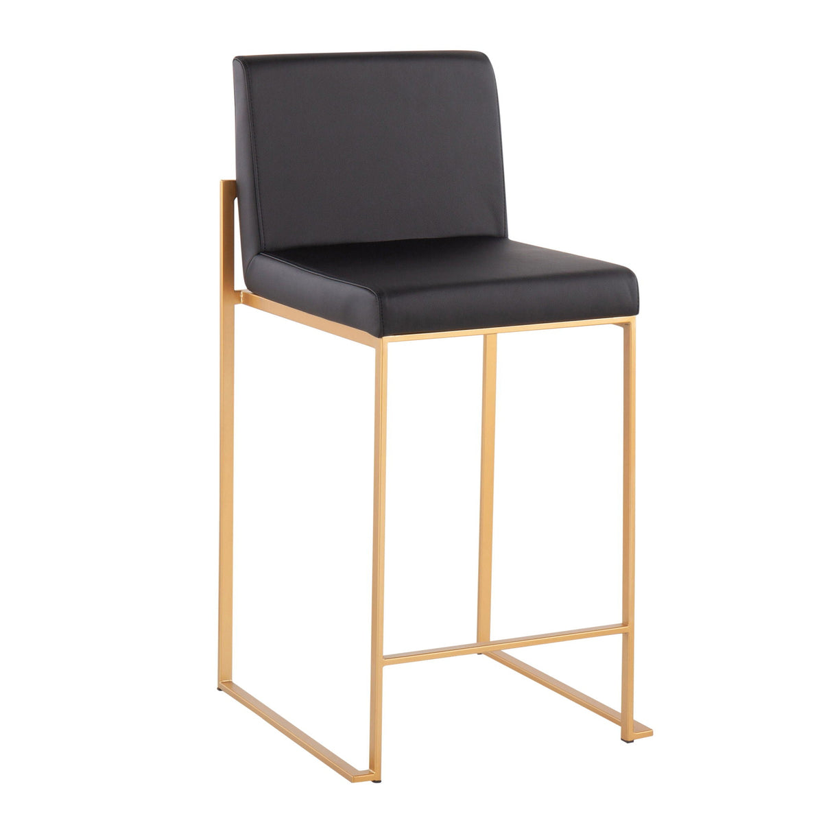 Contemporary high back counter stool with black upholstered seat and gold metal frame on Tampa Home & Garden Store
