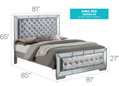 King panel bed by HouseOfZazla with mirrored frame and tufted gray headboard on Tampa Home & Garden Store