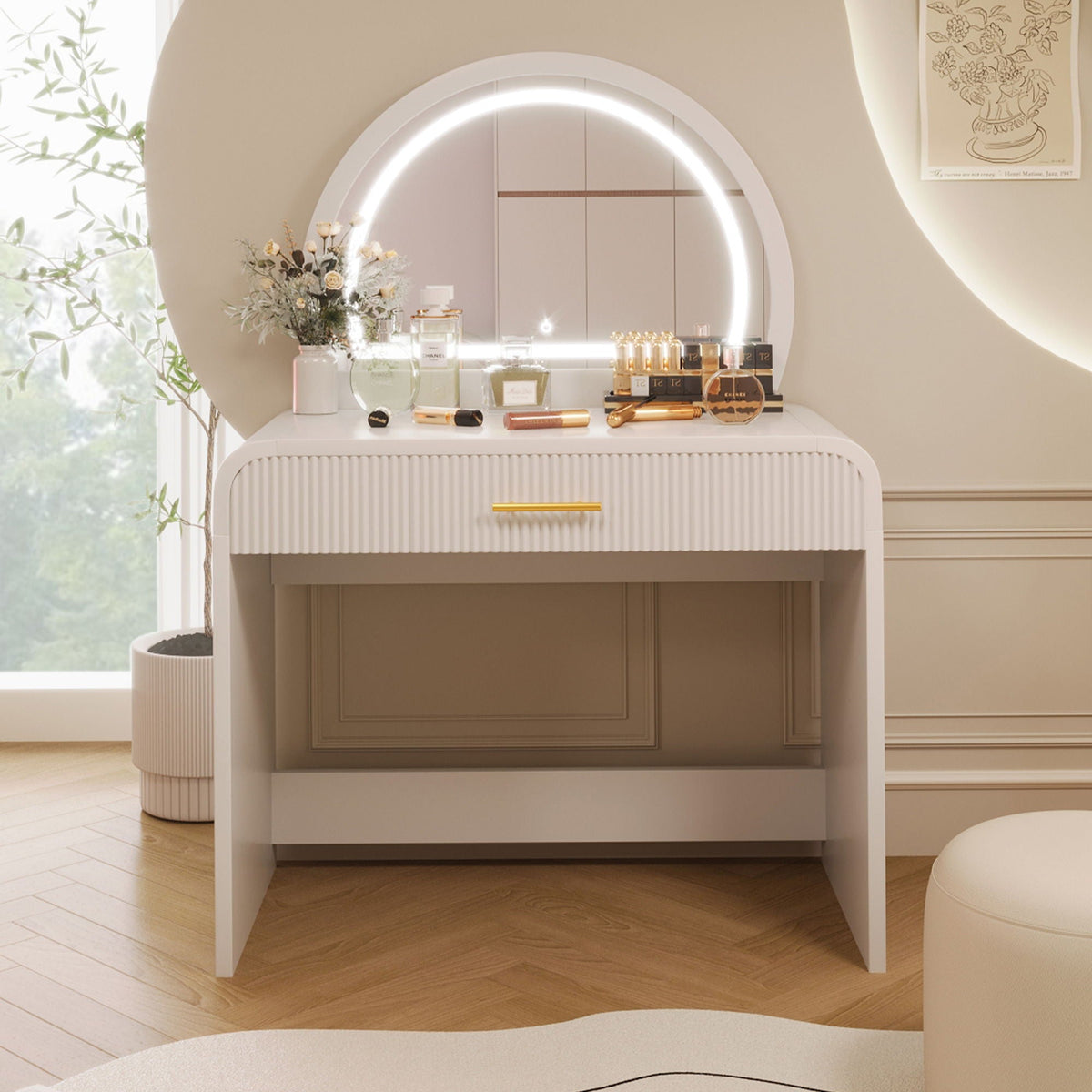 Makeup vanity table with round LED lighted mirror, white finish and drawer by HouseOfZazla on Tampa Home & Garden Store