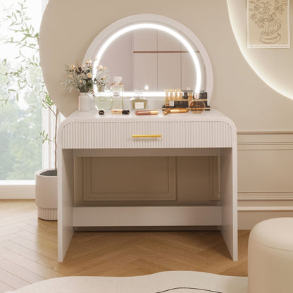 Makeup vanity table with round LED lighted mirror, white finish and drawer by HouseOfZazla on Tampa Home & Garden Store