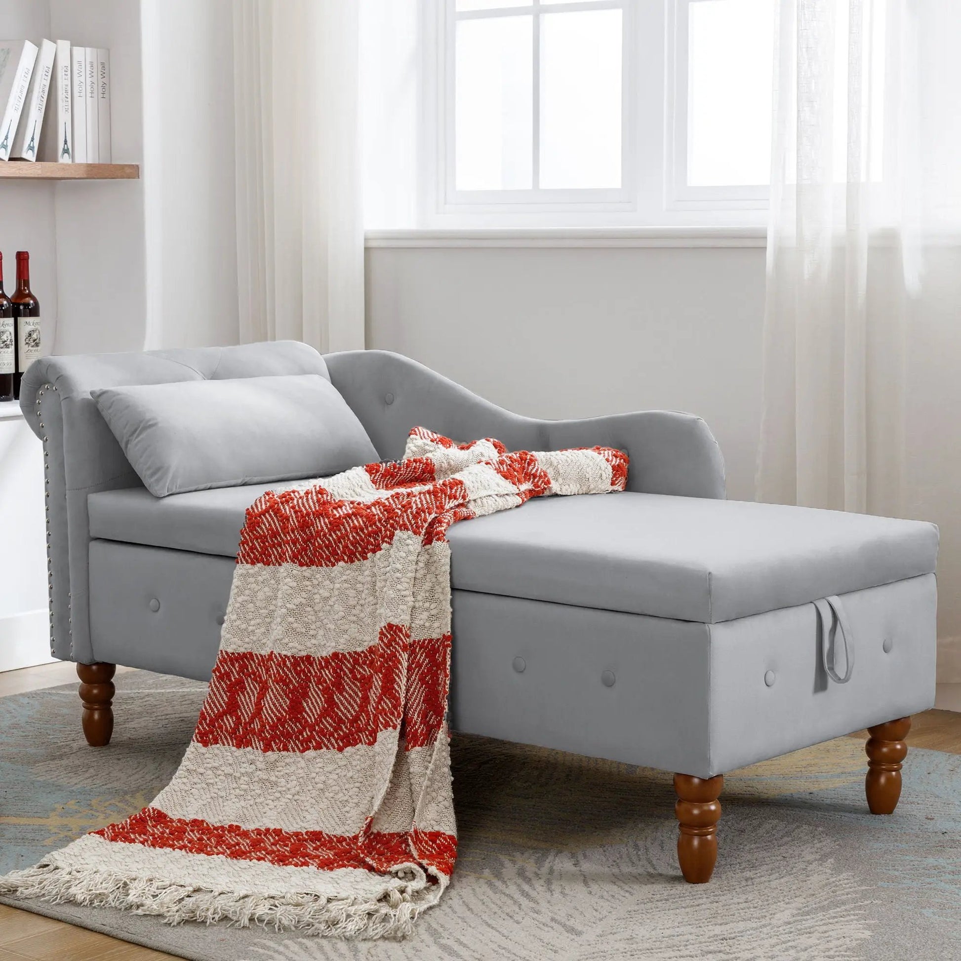 Gray upholstered chaise lounge with nailhead trim and built-in storage by Unique Piece Furniture on Tampa Home & Garden Store