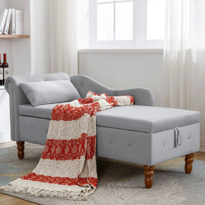 Gray upholstered chaise lounge with nailhead trim and built-in storage by Unique Piece Furniture on Tampa Home & Garden Store