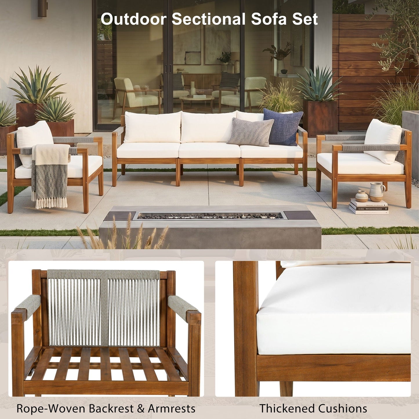 3 Piece Outdoor Sectional Sofa Set HouseOfZazla with white cushions and wood frame on Tampa Home & Garden Store