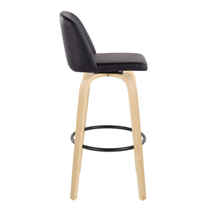 Contemporary fixed-height barstool set with black faux-leather seat and light wood legs on Tampa Home & Garden Store