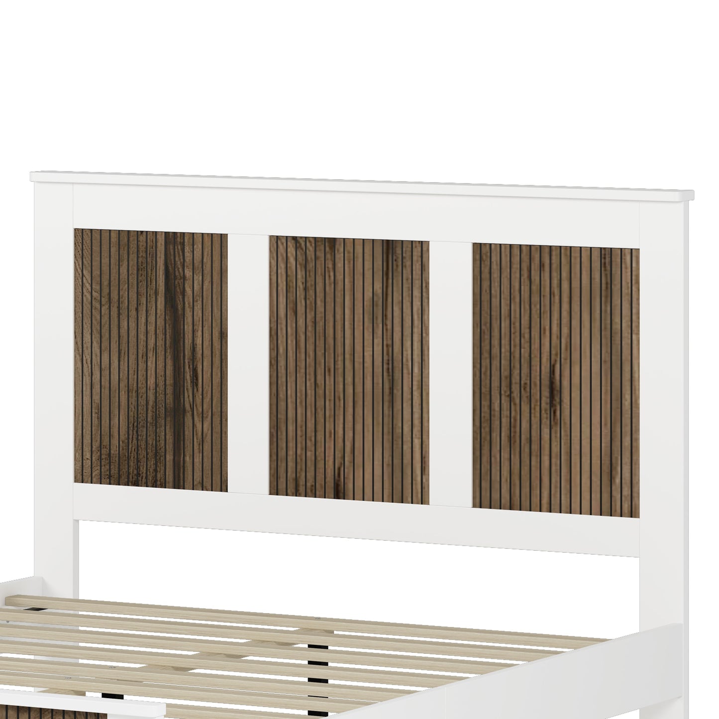 4-Pieces Bedroom Set queen farmhouse platform bed frame, white with wood-grain panels and slats on Tampa Home & Garden Store