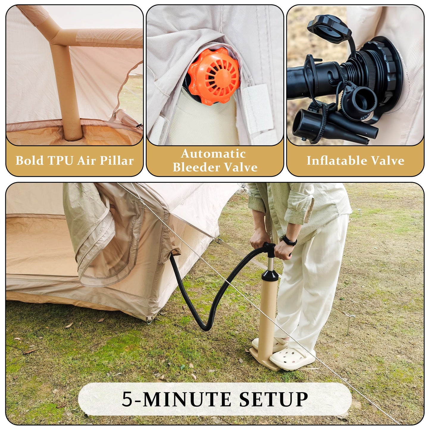 Khaki inflatable glamping tent for 4–6 with pump on Tampa Home & Garden Store