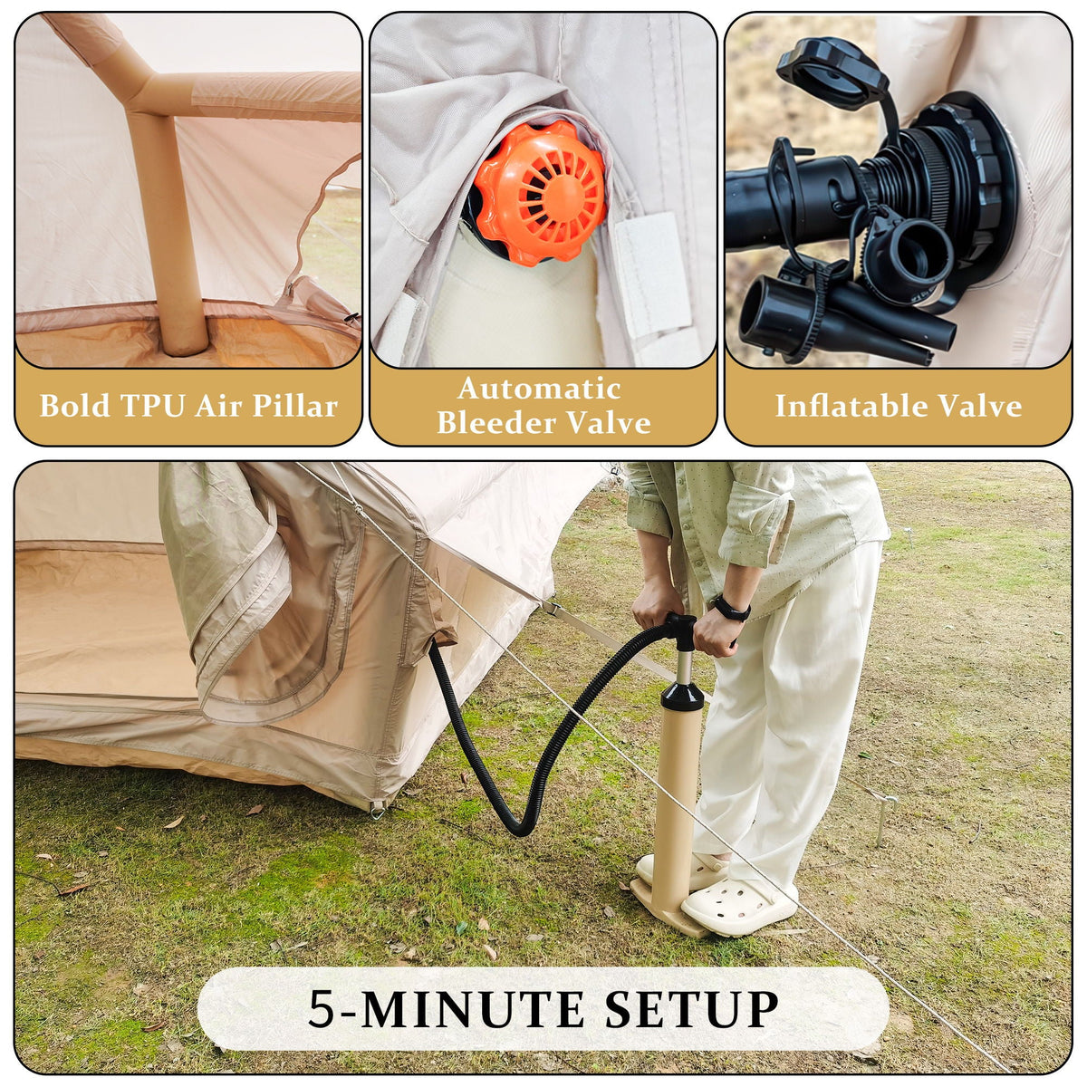 Khaki inflatable glamping tent for 4–6 with pump on Tampa Home & Garden Store