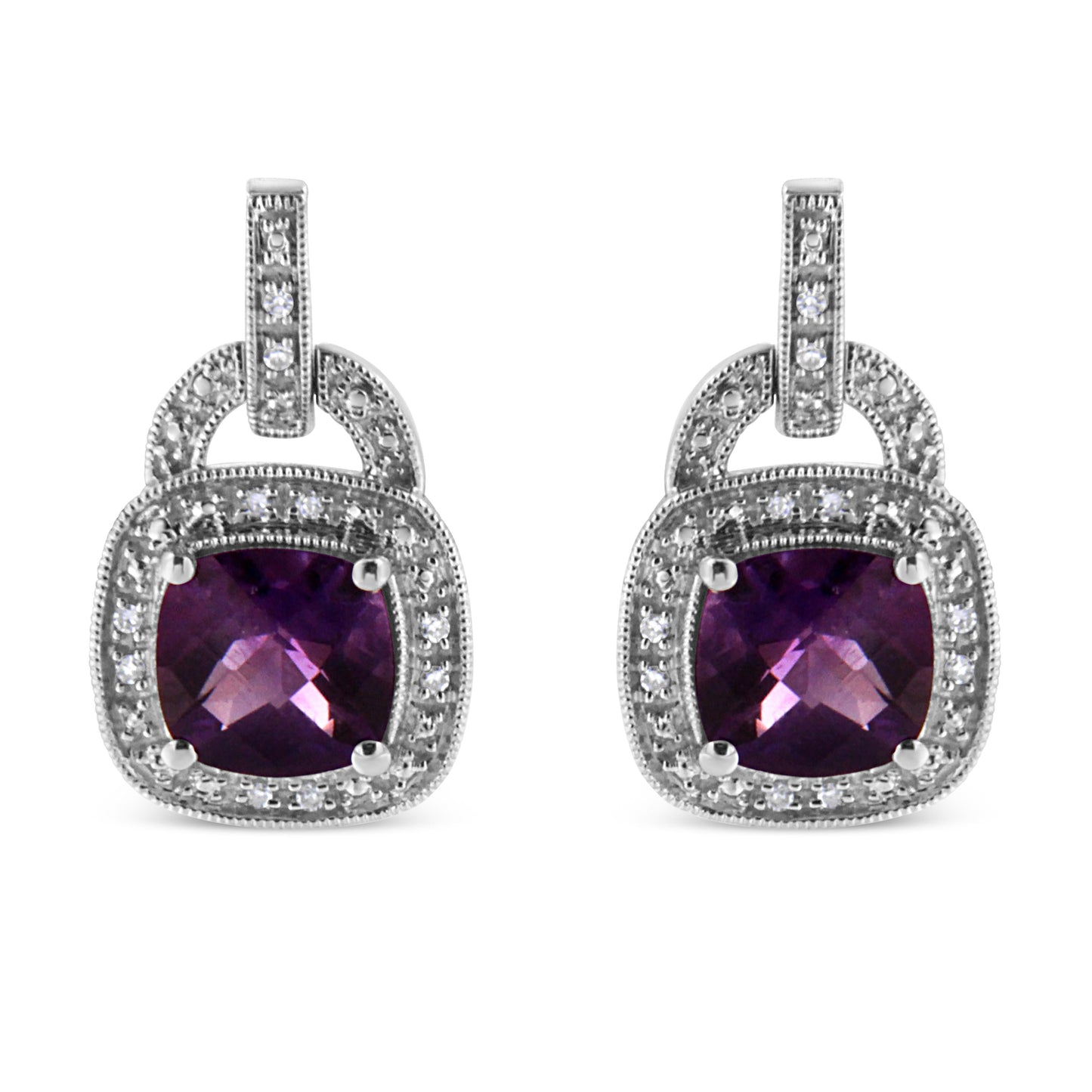 Pair of .925 silver 8mm cushion-cut amethyst drop earrings with diamond-accent halo and push backs on Tampa Home & Garden Store