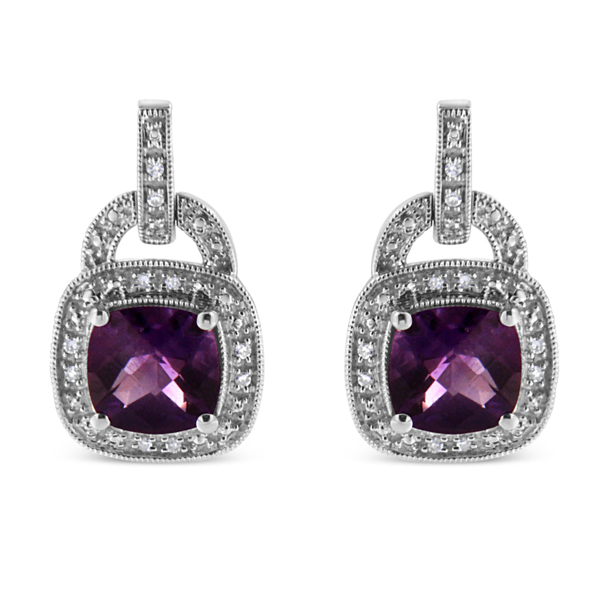 Pair of .925 silver 8mm cushion-cut amethyst drop earrings with diamond-accent halo and push backs on Tampa Home & Garden Store