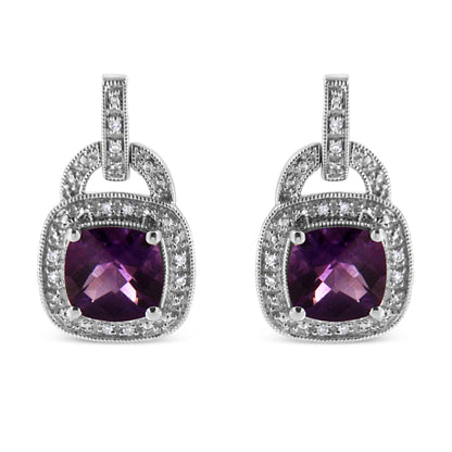 Pair of .925 silver 8mm cushion-cut amethyst drop earrings with diamond-accent halo and push backs on Tampa Home & Garden Store