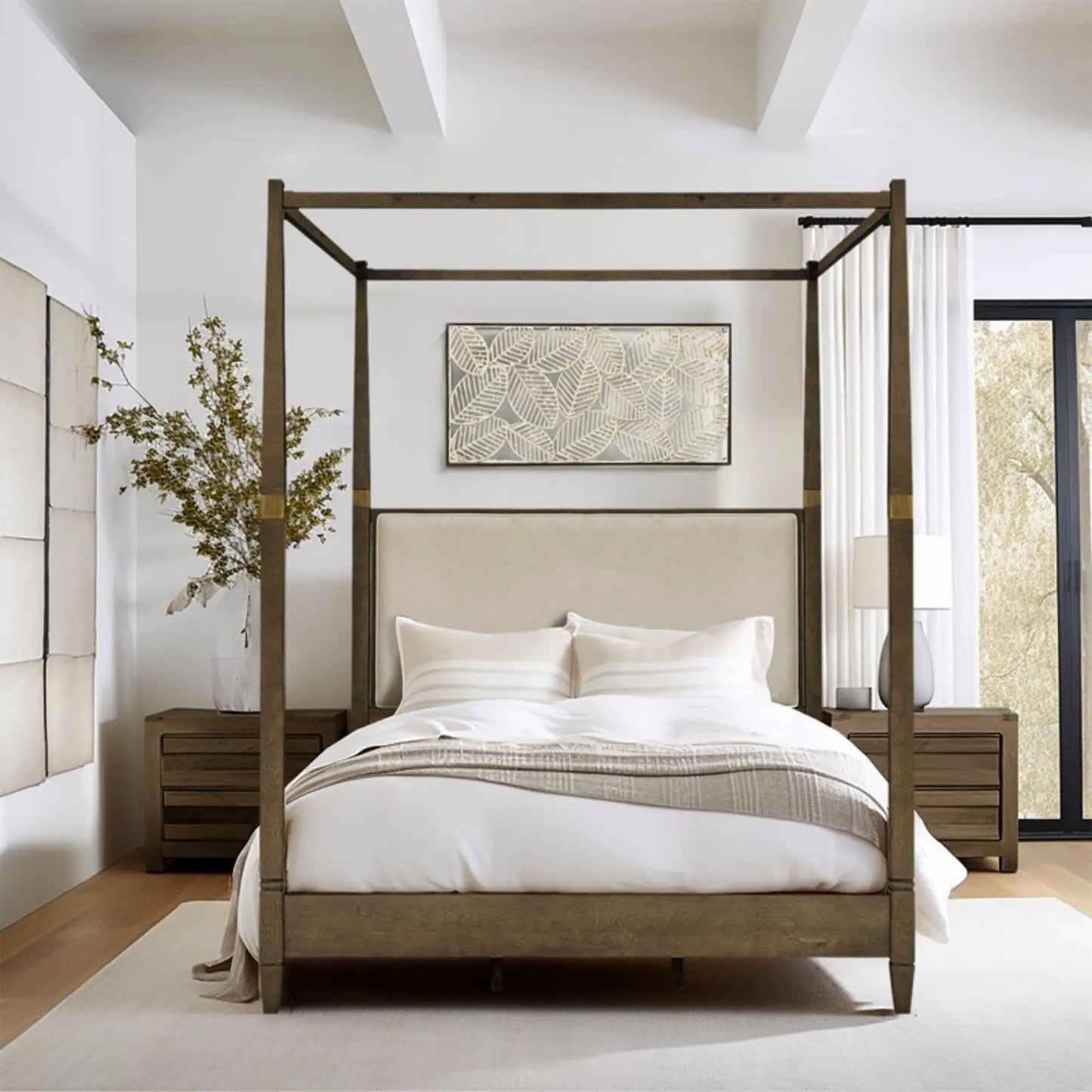 Queen canopy bed frame with beige upholstered headboard and brown wood posts by Unique Piece Furniture on Tampa Home & Garden Store
