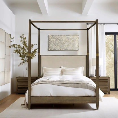 Queen canopy bed frame with beige upholstered headboard and brown wood posts by Unique Piece Furniture on Tampa Home & Garden Store