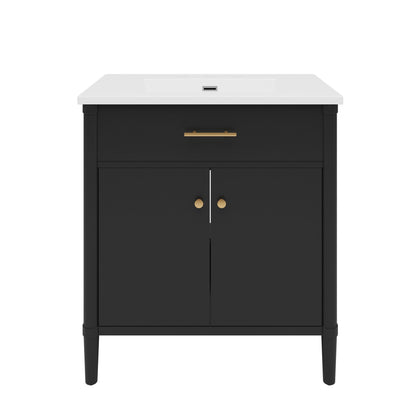 Bathroom vanity with sink, white top, black cabinet, gold hardware HouseOfZazla on Tampa Home & Garden Store