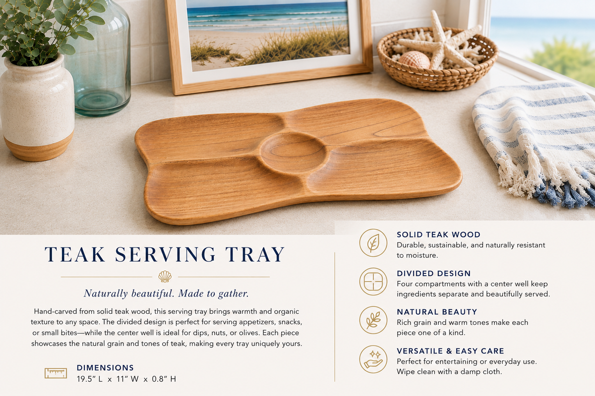 Teak serving tray Broward Design Center with divided compartments on Tampa Home & Garden Store