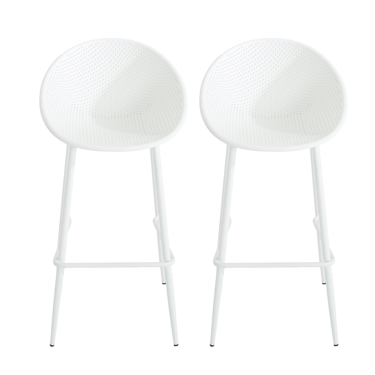 Modern Gable Outdoor Barstools, white set of 2 with perforated backs and slim legs on Tampa Home & Garden Store