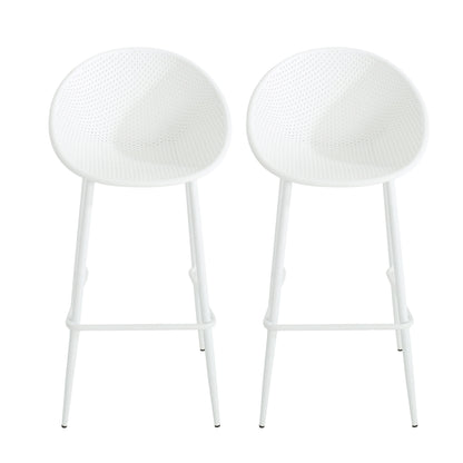 Modern Gable Outdoor Barstools, white set of 2 with perforated backs and slim legs on Tampa Home & Garden Store