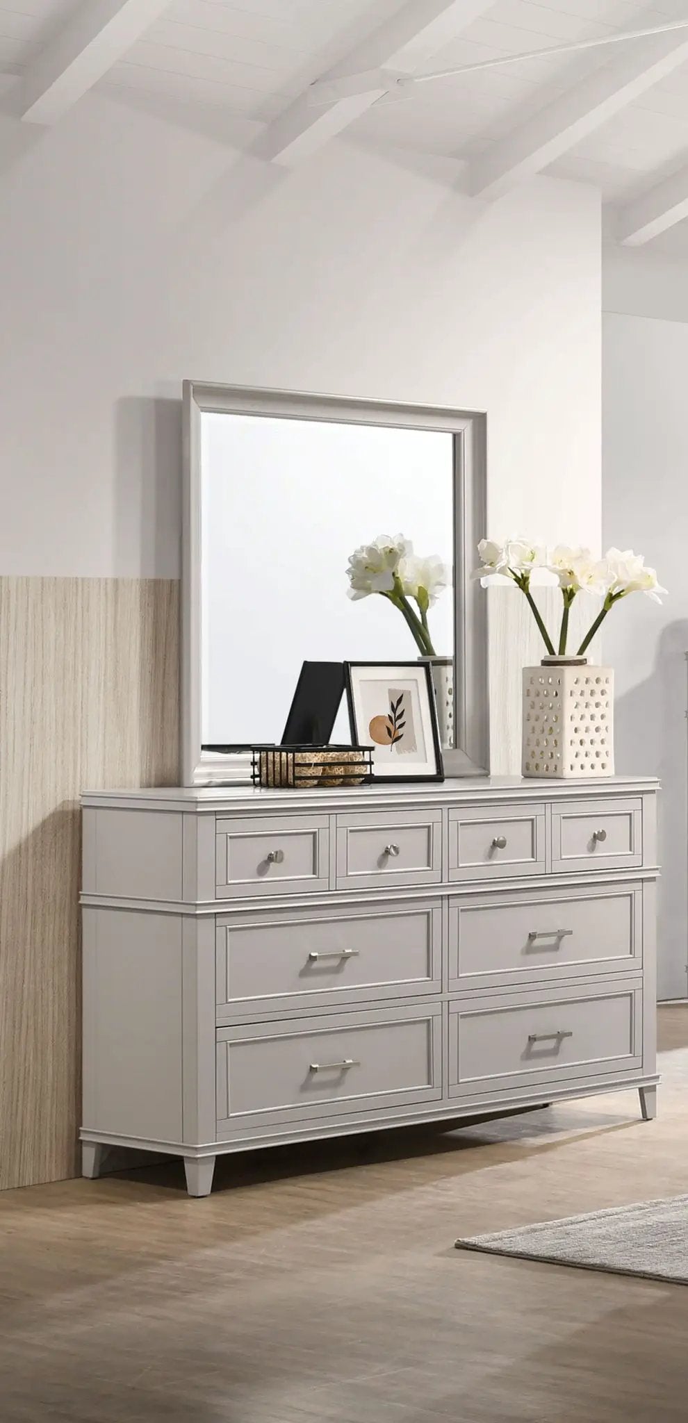 Square mirror with silver frame on top of a light gray dresser by Unique Piece Furniture on Tampa Home & Garden Store