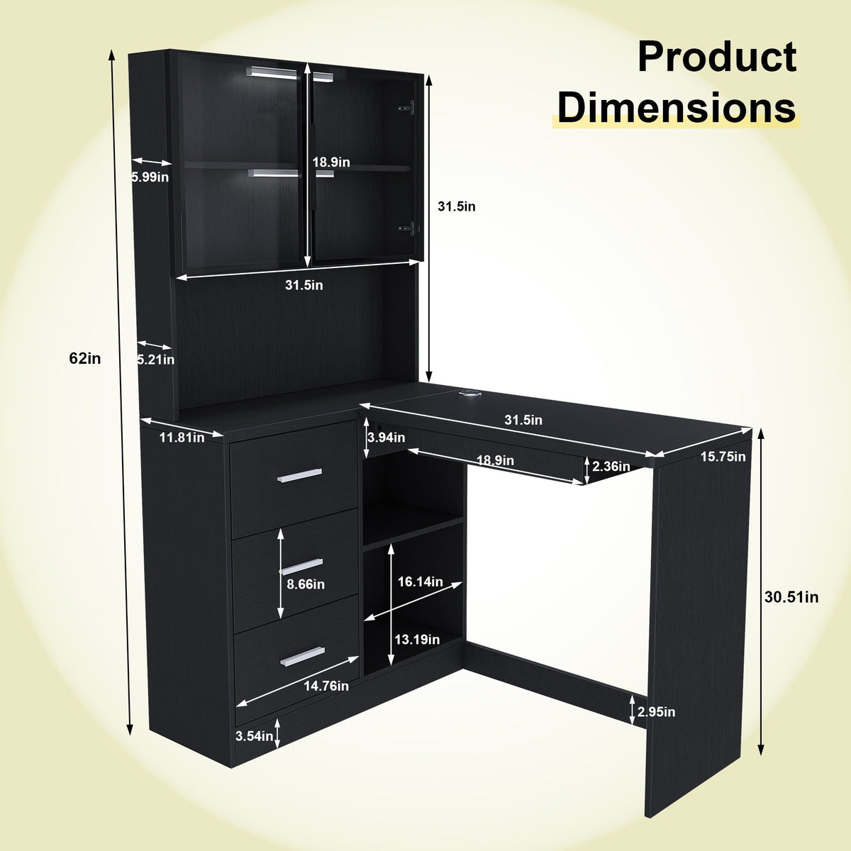 L-shaped corner desk with glass cabinets and USB ports in black by HouseOfZazla on Tampa Home & Garden Store