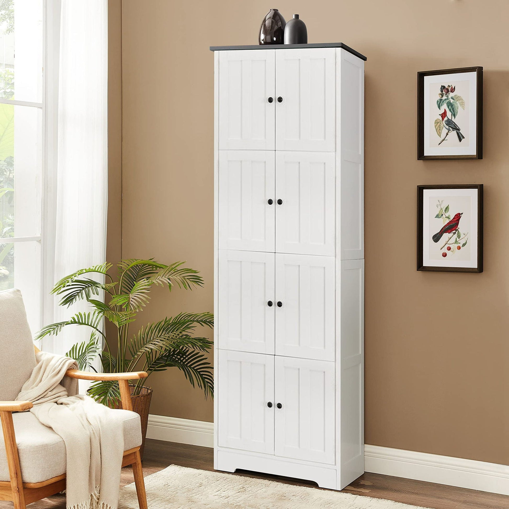 Tall white accent cabinet with 8 doors and 4 shelves, black top trim, HouseOfZazla on Tampa Home & Garden Store