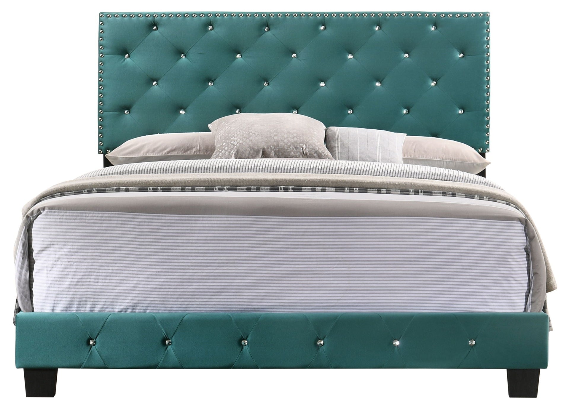 Upholstered Bed teal tufted headboard with silver nailhead trim by HouseOfZazla on Tampa Home & Garden Store