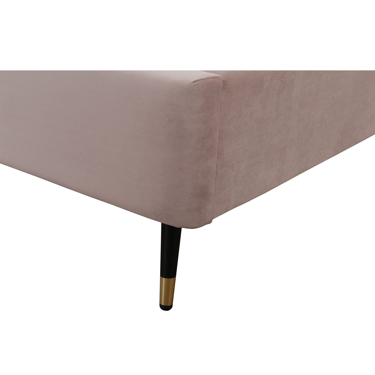 Crosby upholstered bed with taupe headboard, black legs with brass caps on Tampa Home & Garden Store