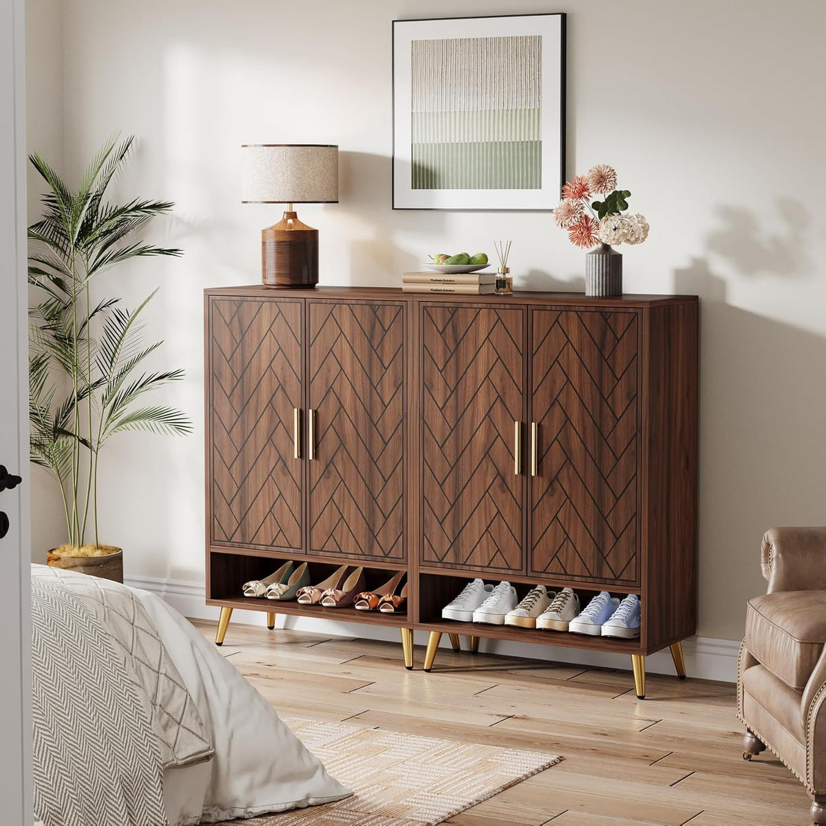 6-tier walnut wooden shoe cabinet by HouseOfZazla with adjustable shelves and chevron doors on Tampa Home & Garden Store