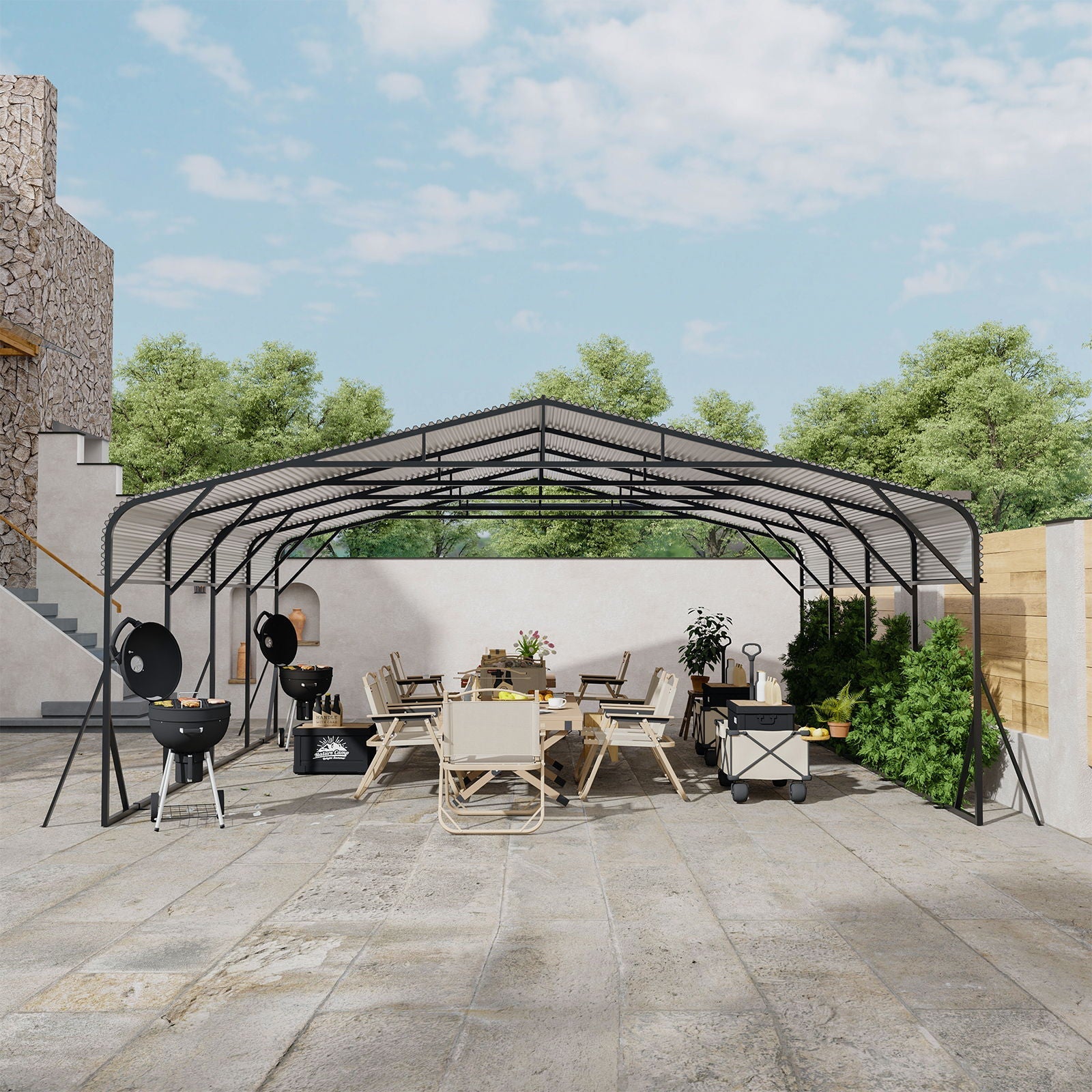 Heavy Duty Carport All Weather Shelter Black steel arched frame over outdoor patio HouseOfZazla on Tampa Home & Garden Store