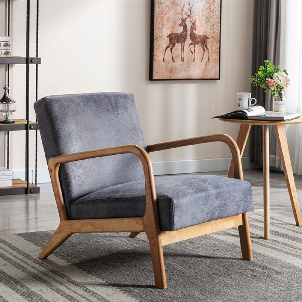 Mid-Century Modern Arm Chair with open wood frame and grey cushions HouseOfZazla on Tampa Home & Garden Store