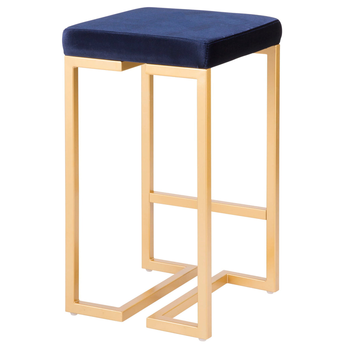Midas contemporary glam counter stool set with blue velvet padded seat and gold metal frame on Tampa Home & Garden Store