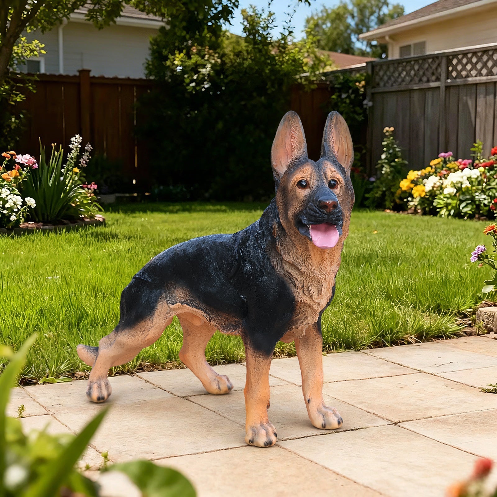 Outdoor German Shepherd Dog Statue for garden decor, life-size, tan and black HouseOfZazla on Tampa Home & Garden Store