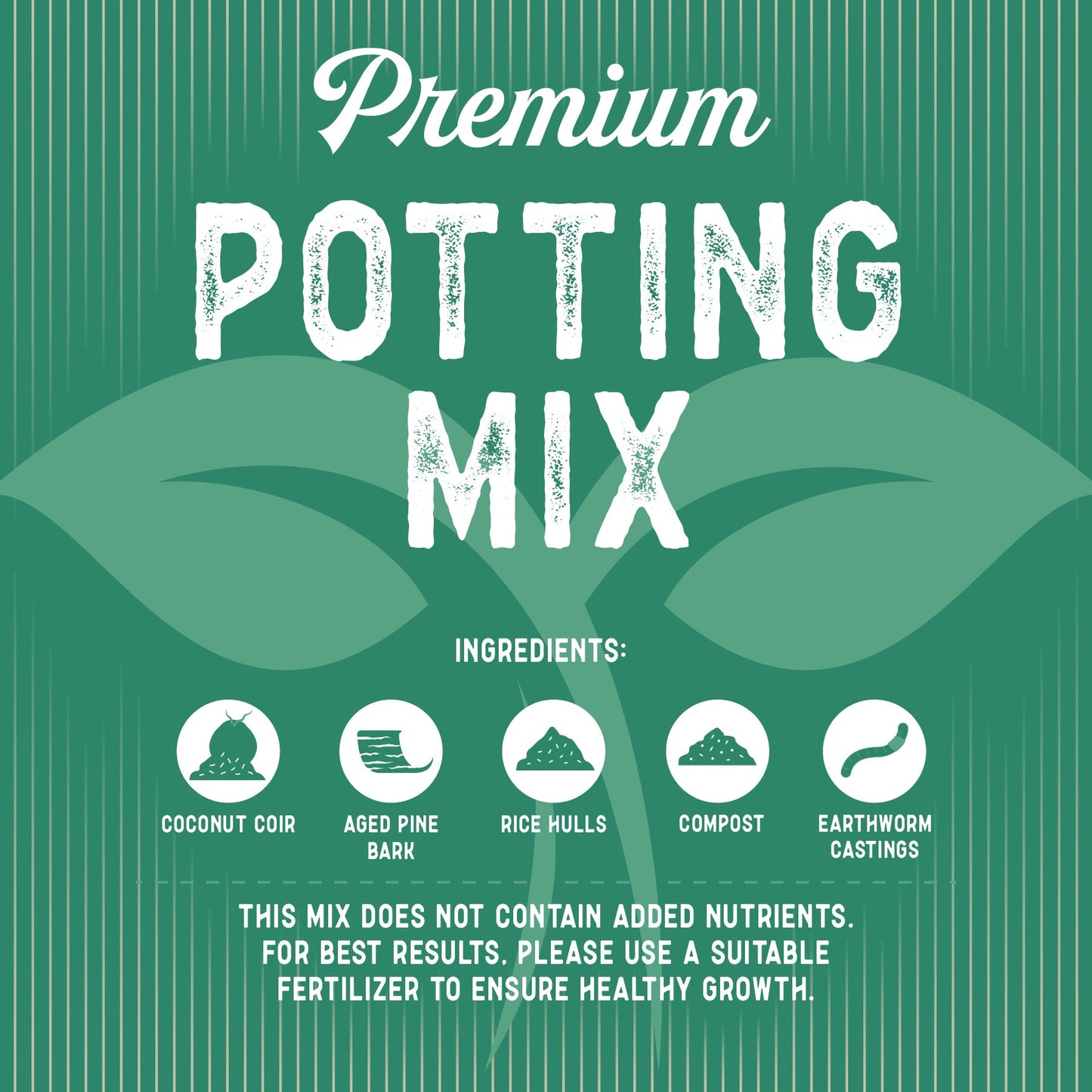 Premium Potting Mix soil accessory; infographic shows coconut coir, pine bark, rice hulls on Tampa Home & Garden Store