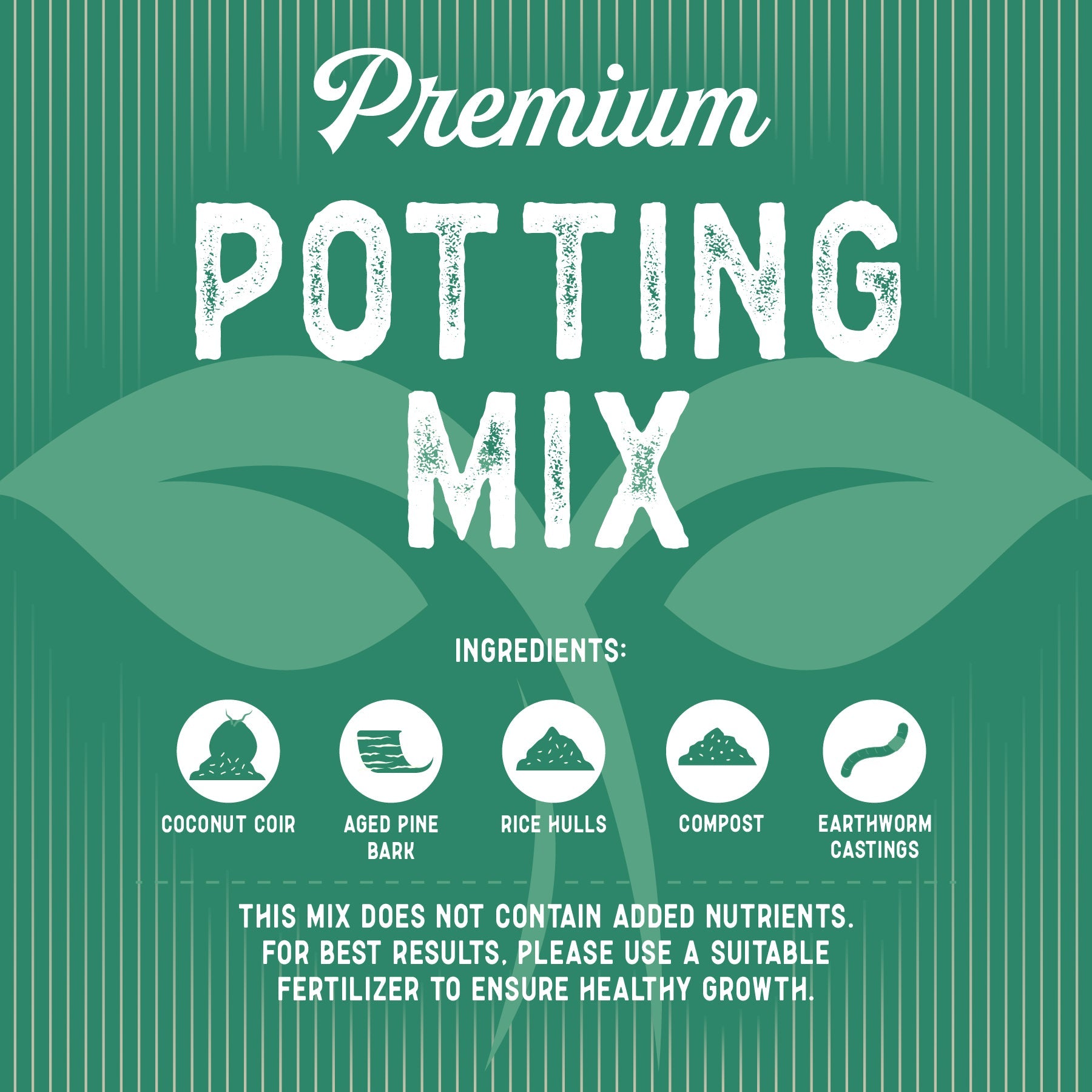 Premium Potting Mix soil accessory; infographic shows coconut coir, pine bark, rice hulls on Tampa Home & Garden Store