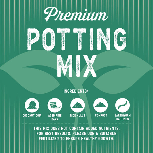 Premium Potting Mix soil accessory; infographic shows coconut coir, pine bark, rice hulls on Tampa Home & Garden Store