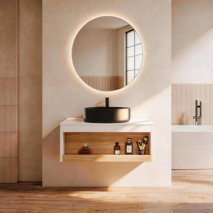 Floating vanity with glossy black round vessel sink on cabinet, wood drawer and backlit mirror on Tampa Home & Garden Store