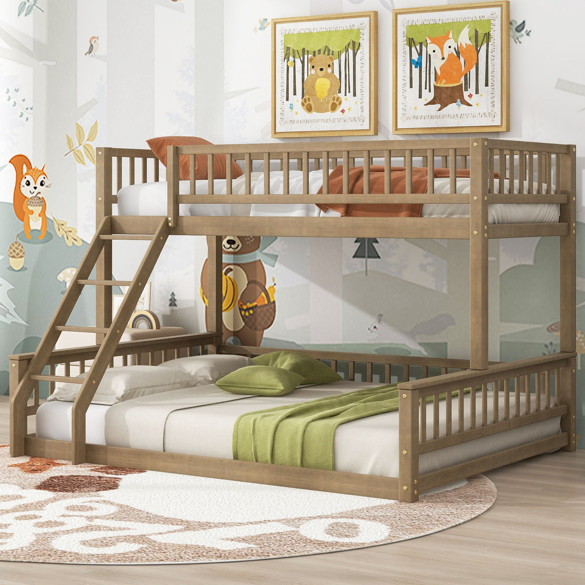 Bunk bed with ladder and guardrails in natural wood, white bedding with green accents on Tampa Home & Garden Store