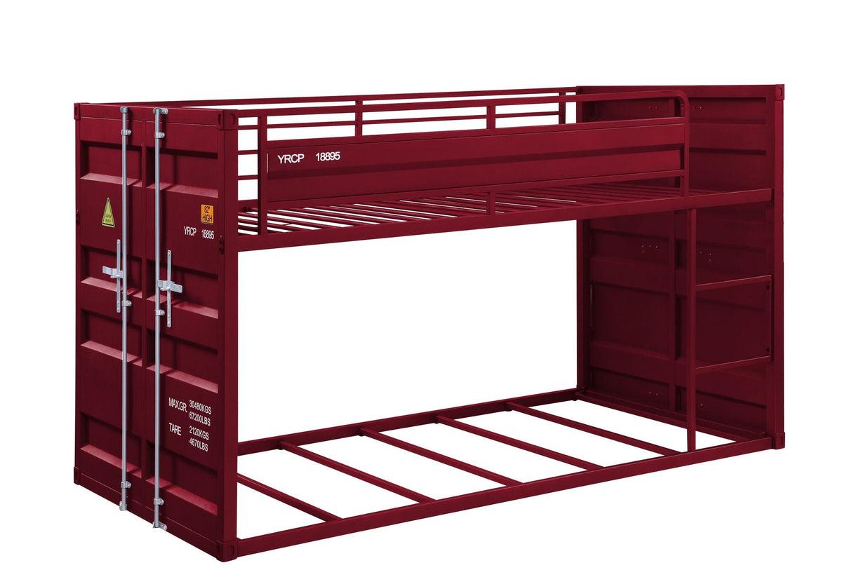 Cargo Twin Over Twin Bunk Bed red metal frame with guard rails and side ladder hardware on Tampa Home & Garden Store