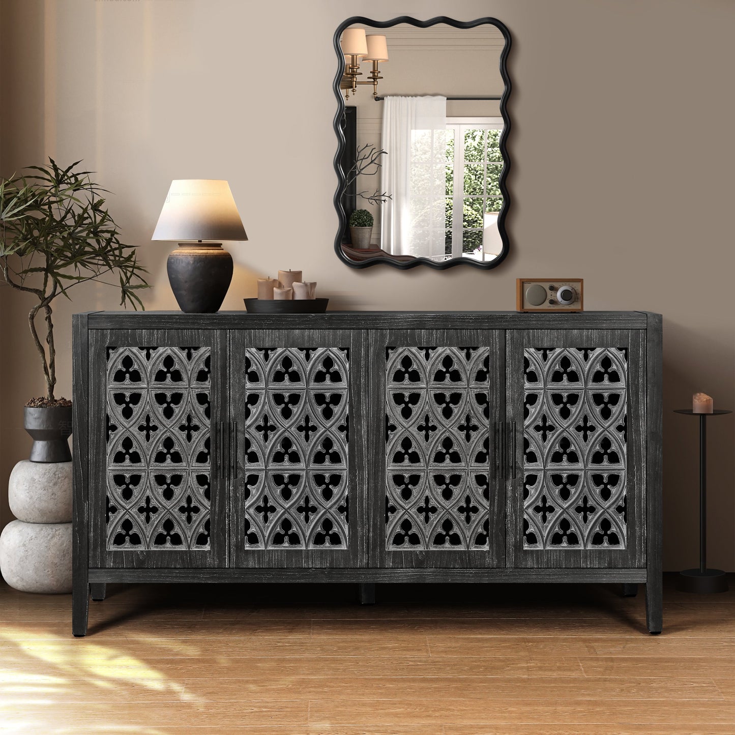 Hollow Four-Door Antique Cabinet in dark wood with ornate fretwork panels HouseOfZazla on Tampa Home & Garden Store