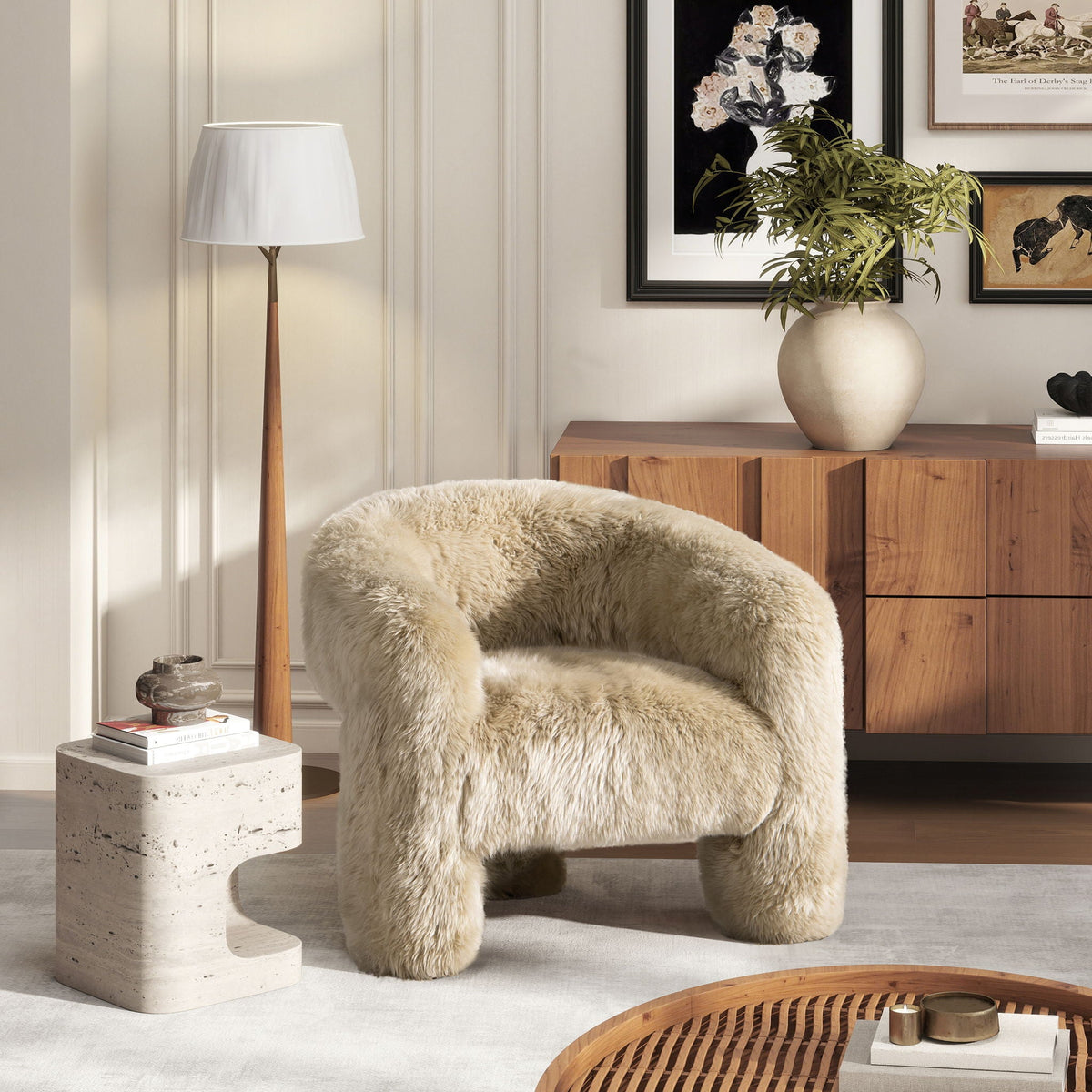 Genuine Sheepskin Fur Split Barrel Back Accent Chair Natural Blonde with Sculptural Base on Tampa Home & Garden Store