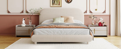 Upholstered platform bed by HouseOfZazla with thick curved beige frame and soft headboard on Tampa Home & Garden Store