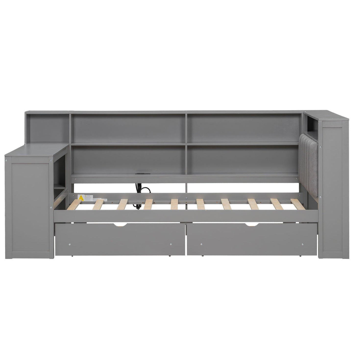 Gray platform bed with upholstered headboard, built-in desk, storage shelves and charging station on Tampa Home & Garden Store