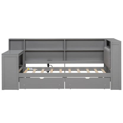 Gray platform bed with upholstered headboard, built-in desk, storage shelves and charging station on Tampa Home & Garden Store