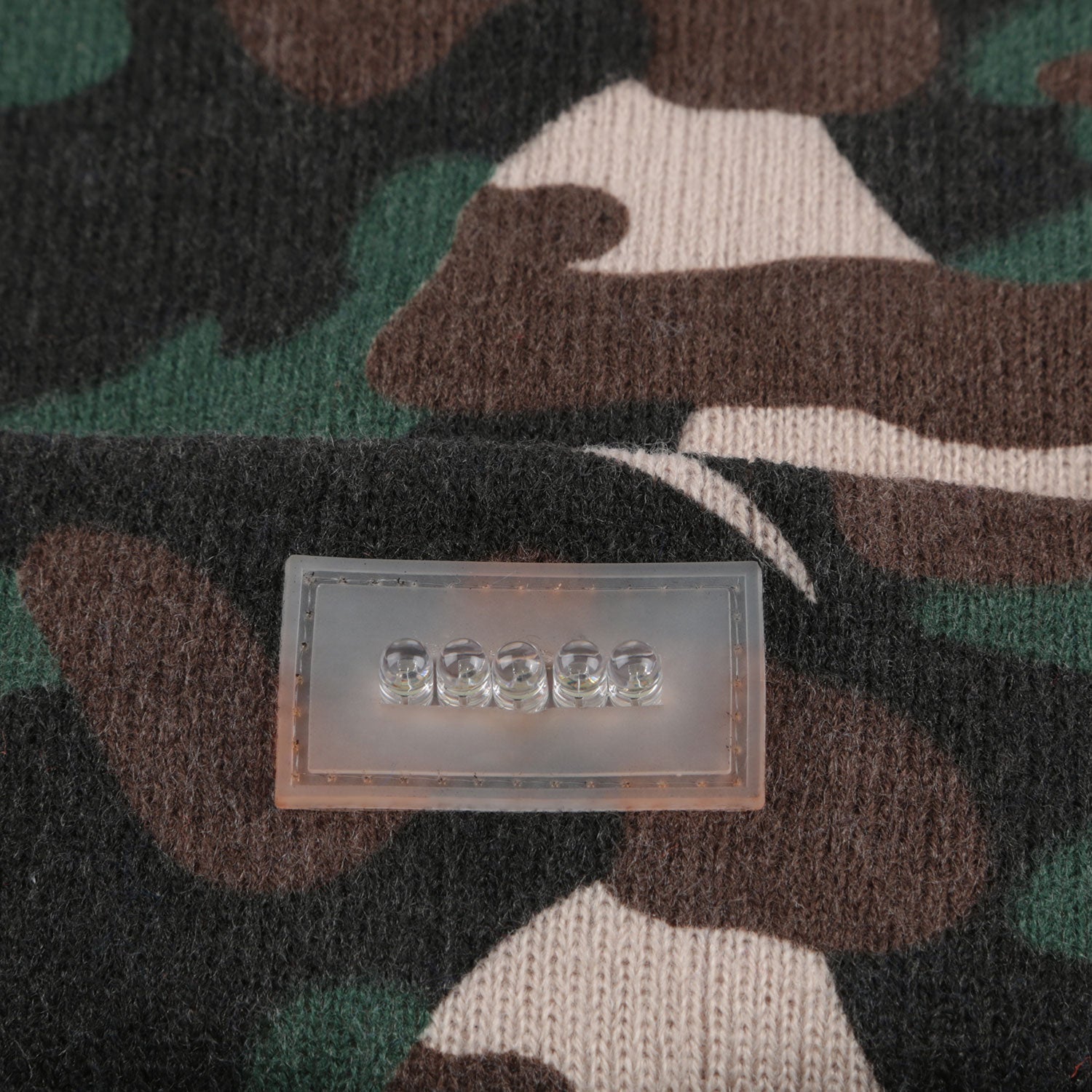 GemGear 5-LED knitted beanie headlamp panel on camouflage knit hat on Tampa Home & Garden Store
