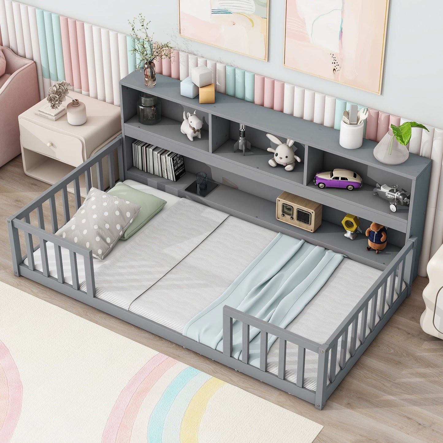 Floor Bed with a Bookcase and Side Guardrails