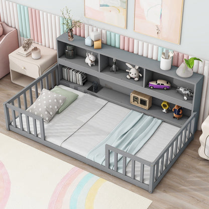 Floor Bed with a Bookcase and Side Guardrails